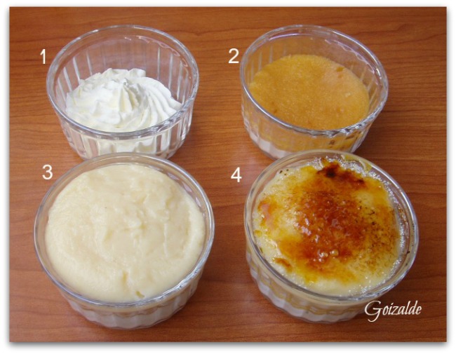 1. Poner nata en la base. 2. Colocar encima el disco de bizcocho emborrachado. 3. Terminar con la crema pastelera. 4. Espolvorear azúcar en grano y quemar